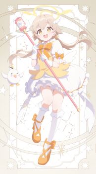 1girl :d absurdres blue_archive border bow brown_eyes brown_hair commentary_request frilled_skirt frills full_body gaaratelier gloves grey_border halo hifumi_(blue_archive) highres holding holding_staff kneehighs long_hair looking_at_viewer low_twintails magical_girl open_mouth orange_bow orange_shoes peroro_(blue_archive) puffy_short_sleeves puffy_sleeves shirt shoes short_sleeves skirt smile socks staff star_(symbol) teeth twintails upper_teeth_only very_long_hair white_background white_gloves white_shirt white_socks