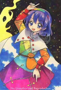 1girl artist_name cape commentary dated dress hair_between_eyes hairband hashtag-only_commentary highres long_sleeves looking_at_viewer maa_(forsythia1729) multicolored_dress multicolored_hairband open_mouth patchwork_clothes pointing pointing_down pointing_up pouch purple_eyes purple_hair rainbow_gradient rainbow_hairband sky_print smile solo tenkyuu_chimata touhou traditional_media twitter_username watermark white_cape