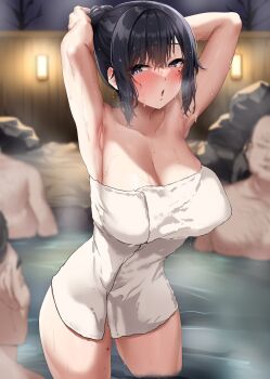 Rule 34 | 1girl, 3boys, absurdres, armpits, blue eyes, blush, breasts, cleavage, collarbone, exhibitionism, highres, jack dempa, large breasts, mixed-sex bathing, miyamae shiho (jack dempa), mole, mole on thigh, mole under eye, multiple boys, multiple moles, naked towel, night, onsen, open mouth, original, outdoors, partially submerged, presenting armpit, public indecency, shared bathing, solo focus, steam, sweat, towel, water, wet