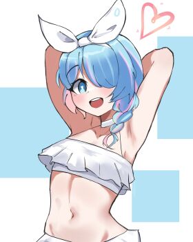 1girl armpits arms_behind_head arms_up arona_(blue_archive) bikini blue_archive blue_background blue_eyes blue_hair blush braid collarbone female_focus get2_audio hair_over_one_eye hair_ribbon heart heart-shaped_pupils multicolored_hair navel open_mouth petite pink_hair ribbon short_hair simple_background single_braid smile solo streaked_hair swimsuit symbol-shaped_pupils teeth two-tone_background two-tone_hair upper_body upper_teeth_only white_background white_bikini white_ribbon