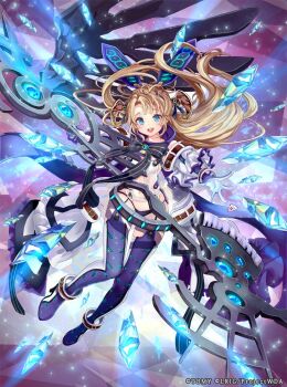 Rule 34 | 1girl, aqua gem, blonde hair, blue eyes, boots, breasts, brown horns, clothing cutout, copyright notice, floating hair, gem, gloves, hair ornament, high heel boots, high heels, holding, holding weapon, horns, leotard, long hair, navel, navel cutout, official art, open mouth, pisuke, small breasts, solo, sparkle, teeth, thigh boots, umr (wixoss), upper teeth only, weapon, white gloves, white leotard, wixoss