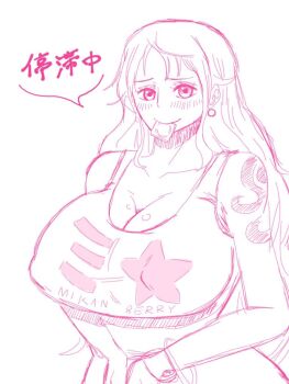 1girl breasts cleavage earrings female_focus hip_focus huge_breasts jewelry large_breasts long_hair looking_to_the_side mikanberry monochrome nami_(one_piece) narrow_waist one_piece simple_background smile solo standing sweat tatto
