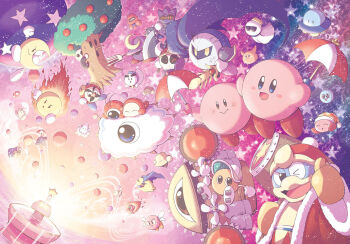 axe_knight_(kirby) balloon blue_eyes bronto_burt broom_hatter cappy_(kirby) chilly_(kirby) cool_spook everyone fountain_of_dreams hammer king_dedede kirby kirby&#039;s_adventure kirby_(series) kracko meta_knight mr._bright mr._shine nightmare nightmare_(kirby) nintendo one_eye_closed paint_roller_(kirby) parasol_kirby satou_kairi_(u-garden) sky smile squid star_(sky) star_(symbol) star_rod starry_sky ufo_(kirby) umbrella waddle_dee waddle_doo whispy_woods