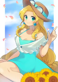 1girl aged_up blonde_hair blue_dress blush breasts cleavage closed_mouth dress earrings flower green_eyes hat highres index_finger_raised jewelry kalinka_cossack_(mega_man) large_breasts looking_at_viewer mega_man_(classic) mega_man_(series) mega_man_4 smile solo sun_hat sunflower tobitori