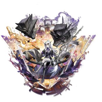 1girl absurdres aiguillette animal_ears arknights black_boots blue_eyes blue_necktie boots collared_shirt commentary crossed_bangs diagonal-striped_clothes diagonal-striped_necktie fur_trim grey_hair grey_pants grey_tail hair_between_eyes hair_ornament hairclip highres knee_boots lace-up_boots lappland_(arknights) lappland_the_decadenza_(arknights) lappland_the_decadenza_(unruly_humbleness)_(arknights) long_hair looking_at_viewer necktie official_art pants purple_shirt scar scar_across_eye scar_on_face shirt simple_background sleeves_rolled_up smile solo split_mouth striped_clothes striped_shirt tail vertical-striped_clothes vertical-striped_shirt wolf_ears wolf_girl wolf_tail