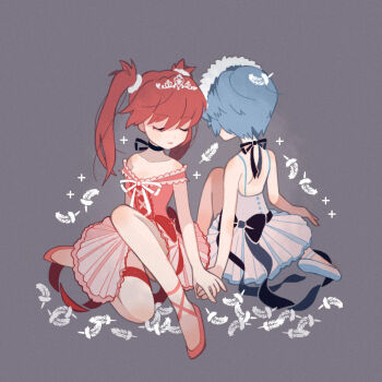 2girls ayanami_rei ballerina ballet_slippers bare_shoulders black_ribbon blue_hair dress feathers grey_background highres holding_hands long_hair multiple_girls neon_genesis_evangelion pink_dress ribbon short_hair sitting souryuu_asuka_langley tanba_(tanba-art) twintails white_dress white_ribbon