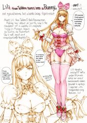 Rule 34 | 1girl, animal ears, blonde hair, blunt bangs, breasts, commission, dated, dress, elbow gloves, english text, fake animal ears, fingerless gloves, frilled dress, frills, full body, garter straps, gloves, highres, hime cut, leotard, lili (tekken), looking at viewer, maguta, panties, pink dress, pink panties, pink thighhighs, playboy bunny, puffy short sleeves, puffy sleeves, purple eyes, short sleeves, skeb commission, solo, speech bubble, tekken, tekken 8, thighhighs, underwear, white gloves