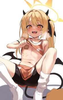 1girl absurdres alternate_costume bare_shoulders bike_shorts bike_shorts_under_skirt blonde_hair blondy_(ldlong) blue_archive blush breath clothes_lift commentary_request crop_top demon_girl demon_tail demon_wings flashing halo highres ibuki_(blue_archive) knees_up korean_commentary lifting_own_clothes loli long_hair looking_at_viewer low_wings miniskirt navel open_mouth orange_eyes orange_skirt orange_tank_top pasties shadow shirt_lift shoes side_ponytail simple_background sitting sketch skirt sleeveless smile socks spread_legs sweat tail tank_top white_background white_shoes white_socks wings yellow_halo