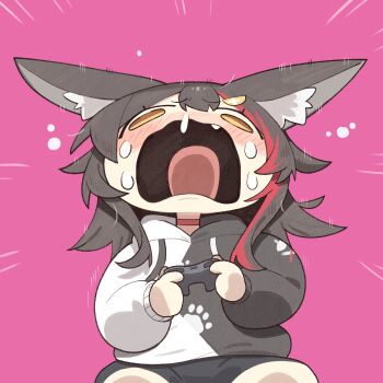 1girl animal_ear_fluff animal_ears black_hair black_hoodie black_shorts blush choker cocomayo29_(tomato) commentary controller fang game_controller hair_between_eyes hair_ornament hairclip highres holding holding_controller holding_game_controller hololive hood hoodie long_hair looking_at_viewer motion_lines multicolored_hair ookami_mio open_mouth panicking paw_print pink_background red_choker red_hair screaming shorts simple_background sitting snot solo streaked_hair tears tongue two-tone_hoodie virtual_youtuber white_hoodie wolf_ears wolf_girl yellow_eyes