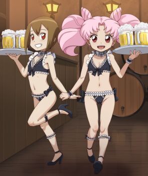 2girls absurdres alcohol barrel beer beer_mug bikini bishoujo_senshi_sailor_moon brown_hair chibi_usa collar company_connection cup digimon digimon_adventure female_focus flat_chest full_body grin high_heels highres lantern loli maid maid_bikini mug multiple_girls nipples pink_hair red_eyes shoes short_hair slave smile standing standing_on_one_leg swimsuit the_dark_mangaka toei_company tray twintails unconventional_maid voice_actor_connection wrist_cuffs yagami_hikari