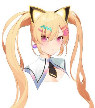 Rule 34 | 1girl, absurdres, animal ears, bang dream!, bang dream! mugendai mewtype, black necktie, blonde hair, breasts, cat ears, cat hair ornament, cleavage, closed mouth, colored inner animal ears, commentary, commentary request, cropped shoulders, earrings, fake animal ears, furrowed brow, hair ornament, hairclip, highres, jewelry, light blush, long hair, looking at viewer, nakamachi arale, necktie, nuage, partial commentary, pink eyes, puritan collar, raised inner eyebrows, short necktie, simple background, single earring, solo, swept bangs, twintails, white background