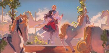 1boy 1girl aqua_eyes belt beret black_belt black_gloves black_hair black_hat black_pants black_pantyhose blonde_hair blue_cloak blue_vest carousel chinese_commentary cloak closed_mouth cloud collared_shirt curtained_hair dancing day eye_contact feather_necklace full_body gloves hair_between_eyes hand_on_another's_back hat height_difference heroine_(lovebrush_chronicles) highres holding_hands huasuo jewelry lars_rorschach lars_rorschach_(eden) light_particles long_hair long_sleeves looking_at_another lovebrush_chronicles medium_skirt midriff_peek necklace o-ring o-ring_belt pants pantyhose pinstripe_pattern pinstripe_vest plant purple_eyes red_shoes red_skirt shirt shoes short_hair single_glove skirt smile standing stomach_tattoo tattoo torn_clothes torn_shirt turtleneck turtleneck_shirt undershirt vest vines waist_cape white_shirt