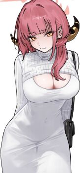 1girl aru_(blue_archive) bag blue_archive blunt_bangs bodycon breasts brown_horns cleavage cleavage_cutout closed_mouth clothing_cutout covered_navel demon_horns dongtan_dress dress framed_breasts guwall hair_over_shoulder halo handbag hashtag-only_commentary highres horns large_breasts long_dress long_hair long_sleeves looking_at_viewer low_horns open-chest_sweater pencil_dress pink_hair red_halo scoop_neck simple_background solo sweater sweater_dress taut_clothes taut_dress tight_clothes tight_dress turtleneck turtleneck_dress turtleneck_sweater very_long_hair white_background white_dress white_sweater yellow_eyes