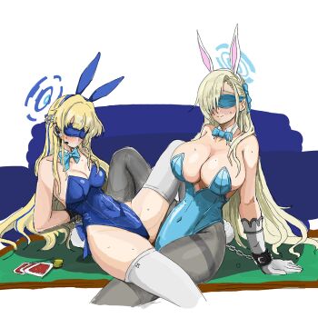 2girls absurdres animal_ear_hairband animal_ears asuna_(blue_archive) asuna_(bunny)_(blue_archive) bare_shoulders bdsm blindfold blonde_hair blue_archive blue_bow blue_bowtie blue_hair blue_halo blue_leotard blush bondage bound bound_arms bow bowtie braid breasts card chain chained cleavage collarbone commentary_request covered_groin covered_navel damu_(damudamu) detached_collar earpiece fake_animal_ears fake_tail gloves groin hair_over_one_eye hairband half_up_braid halo highres large_breasts leotard long_hair medium_breasts multicolored_hair multiple_girls pantyhose playing_card rabbit_ear_hairband rabbit_ears rabbit_tail sitting streaked_hair tail thighband_pantyhose thighhighs thighs toki_(blue_archive) toki_(bunny)_(blue_archive) very_long_hair white_gloves white_thighhighs