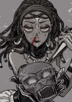 1girl black_collar black_lips blood blood_on_face collar dark_skin dreadlocks earrings eyelashes facial_mark half-closed_eyes holding identity_v jewelry looking_at_viewer nosebleed patricia_dorval satou_saori yellow_eyes
