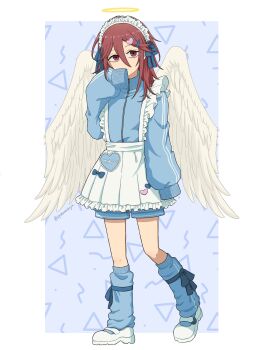 1boy alternate_costume androgynous angel angel_devil_(chainsaw_man) angel_wings anime_coloring apron blue_shorts blue_socks blue_track_suit brown_eyes brown_hair chainsaw_man closed_mouth commentary_request frilled_apron frills full_body glowing glowing_halo hair_between_eyes hair_ornament hairclip halo hand_up heart heart_hair_ornament highres long_hair long_hair_between_eyes looking_at_viewer loose_socks maid maid_apron male_focus oyasumisuya shoes shorts socks solo standing track_suit traditional_halo unconventional_maid very_long_hair waist_apron white_shoes white_wings wings