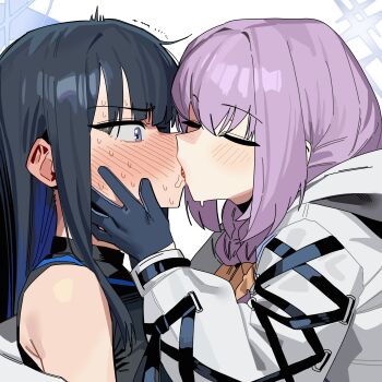 2girls absurdres atsuko_(blue_archive) black_hair blue_archive blue_eyes blue_gloves blue_hair blue_halo blush braid closed_eyes colored_inner_hair commentary english_commentary french_kiss gloves halo hand_on_another's_face highres hood hood_down hooded_jacket jacket kiss long_hair long_sleeves looking_at_another low_twin_braids multicolored_hair multiple_girls purple_hair ruppu saori_(blue_archive) simple_background sweat twin_braids white_background white_halo white_hood white_jacket yuri