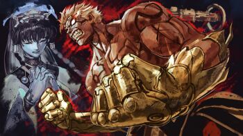 1boy 1girl absurdres angry asura&#039;s_wrath asura_(asura&#039;s_wrath) berserker_rage blank_eyes blonde_hair body_markings braid braided_sidelock clenched_teeth closed_eyes closed_mouth dougi father_and_daughter fengguan forked_eyebrows glowing glowing_eyes highres interlocked_fingers kornart long_hair mithra_(asura&#039;s_wrath) muscular muscular_male no_pupils own_hands_together praying prosthesis prosthetic_arm red_aura scar short_hair spiked_hair teeth topless_male