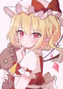 1girl :&lt; absurdres ascot back_bow blonde_hair blush bow commentary crystal_wings flandre_scarlet frilled_ascot frilled_hat frilled_sleeves frilled_wristband frills hat hat_bow highres holding holding_stuffed_toy looking_at_viewer looking_to_the_side mob_cap one_side_up pointy_ears potarou_pomi puffy_short_sleeves puffy_sleeves red_bow red_eyes red_vest shirt short_sleeves simple_background solo stuffed_animal stuffed_toy teddy_bear touhou upper_body vest white_background white_bow white_hat white_shirt wings yellow_ascot