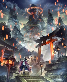 Rule 34 | 1girl, architecture, black hair, black legwear, black skirt, cloud, cloudy sky, east asian architecture, female focus, floral print, fog, fox mask, frilled skirt, frills, grass, highres, inari, japanese clothes, kimono, lantern, mask, mountain, ofuda, original, red kimono, scenery, school uniform, serafuku, shirt, short hair, shrine, skirt, sky, solo, stairs, statue, stone stairs, third-party edit, torii, tree, white shirt, zounose