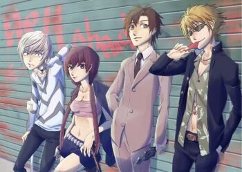 1girl 3boys a_certain_high_school_uniform accelerator_(toaru_majutsu_no_index) against_wall albino asymmetrical_bangs bare_arms belt black_choker black_jacket black_necktie black_pants black_skirt blazer blonde_hair breasts brown_belt brown_eyes brown_hair brown_jacket brown_pants brown_suit buttons chest_sarashi choker cleavage closed_mouth collarbone collared_shirt commentary_request cowboy_shot crutch dagger day diagonal-striped_clothes diagonal-striped_shirt electrodes etzali feet_out_of_frame flashlight floral_print formal_clothes gakuran graffiti green_shirt grey_belt grey_pants grey_shirt group_(toaru) hair_between_eyes hand_in_pocket hand_on_own_neck hawaiian_shirt height_difference holding holding_dagger holding_knife holding_paper holding_weapon inomata_mamoru jacket jacket_on_shoulders jewelry kirigaoka_girls&#039;_academy_school_uniform knife long_hair long_sleeves looking_at_viewer low_twintails medium_breasts medium_hair miniskirt multiple_boys musujime_awaki navel necklace necktie obsidian_rock open_clothes open_jacket outdoors pants paper paper_in_mouth parted_lips partial_commentary partially_unbuttoned pleated_skirt red_eyes sarashi school_uniform shirt skirt standing stomach striped_clothes striped_shirt suit sunglasses toaru_majutsu_no_index toaru_majutsu_no_index:_old_testament tsuchimikado_motoharu twintails two-tone_shirt unabara_mitsuki weapon white_hair white_shirt winter_uniform