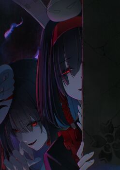 2girls :d absurdres animal_ears azur_lane black_hair black_kimono commentary_request eyes_visible_through_hair hair_over_one_eye hairband hand_up hatski.sin highres horror_(theme) japanese_clothes kimono looking_at_viewer mask mask_on_head multiple_girls open_mouth peeking_out rabbit_ears red_eyes red_hairband shiranui_(azur_lane) smile taihou_(azur_lane)