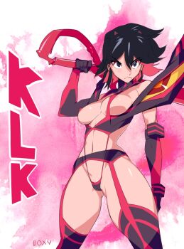 10s 1girl :&lt; adapted_costume alternate_costume areola_slip bad_id bad_pixiv_id black_hair boots breasts doxy elbow_gloves frown garter_belt garter_straps gloves hairpods kill_la_kill large_breasts matoi_ryuuko multicolored_hair over_shoulder red_hair revealing_clothes scissor_blade_(kill_la_kill) senketsu short_hair sideboob slingshot_swimsuit suspenders swimsuit sword sword_over_shoulder thigh_boots thighhighs two-tone_hair weapon weapon_over_shoulder