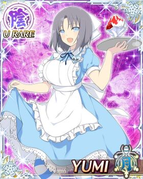 Rule 34 | 1girl, :d, apron, blue dress, blue eyes, border, bow, breasts, card (medium), character name, clothes lift, dress, food, frilled apron, frills, game cg, grey hair, hair bow, holding, holding tray, large breasts, lifting own clothes, looking at viewer, medium hair, name tag, official art, open mouth, senran kagura, senran kagura new wave, shaved ice, skirt, skirt lift, smile, solo, striped bow, striped clothes, striped thighhighs, thighhighs, third-party source, tray, waitress, white apron, white bow, yumi (senran kagura)