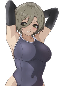 Rule 34 | 1girl, arms up, black gloves, blue one-piece swimsuit, blush, breasts, brown eyes, brown hair, covered navel, girls band cry, gloves, hair between eyes, hanekuri (nnainain), highres, large breasts, long hair between eyes, mole, mole under eye, multicolored hair, one-piece swimsuit, open mouth, roots (hair), rupa (girls band cry), short hair, simple background, solo, swimsuit, white background