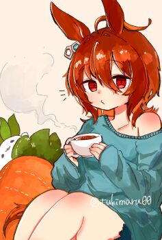 1girl agnes_tachyon_(umamusume) animal_ears bare_shoulders brown_hair chemical_structure cup daikon ear_ornament earrings green_shirt hair_between_eyes highres holding holding_cup horse_ears horse_girl jewelry long_hair long_sleeves looking_at_viewer notice_lines o3o radish red_eyes shirt single_earring single_off_shoulder solo steam steaming_cup stuffed_toy thighhighs tukimaru00 umamusume wolf_cut