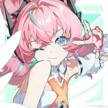 1girl absurdres aqua_hair aria_(human)_(zenless_zone_zero) aria_(zenless_zone_zero) bare_shoulders black_bow blue_eyes bow chinese_commentary closed_mouth commentary_request crossed_bangs detached_collar detached_sleeves fingerless_gloves gloves hair_between_eyes hair_bow hair_intakes hair_ornament hanayabaka highres lipgloss multicolored_eyes multicolored_hair one_eye_closed pink_gloves pink_hair portrait simple_background smile symbol-shaped_pupils twintails w zenless_zone_zero