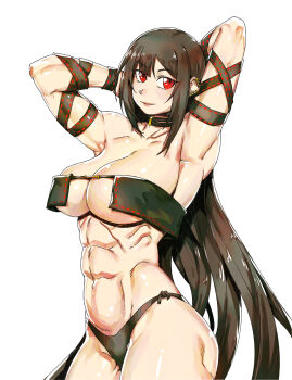 1girl abs absurdres adapted_costume arm_strap armpits arms_behind_head arms_up bare_shoulders bikini black_bikini blush breasts brown_hair choker cleavage collarbone earrings fate/grand_order fate_(series) hashtag-only_commentary highres jewelry large_breasts long_hair looking_at_viewer minew muscular muscular_female navel red_eyes ribbon_trim smile solo swimsuit very_long_hair yu_mei-ren_(fate) yu_mei-ren_(second_ascension)_(fate)