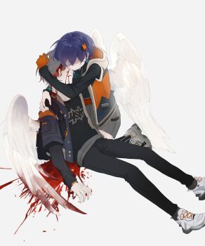1boy 1girl absurdres belle_(zenless_zone_zero) black_jacket black_pants black_shirt black_thighhighs blood blood_from_mouth blood_on_face blood_on_ground blood_on_hands blue_hair blue_jacket brother_and_sister commentary crossed_bangs english_commentary faceless faceless_female faceless_male grey_hair grey_skirt hair_between_eyes head_hug highres hood hooded_jacket hug jacket mariroynum1 open_mouth pants sad shirt shoes siblings simple_background single_thighhigh skirt sneakers spread_wings thighhighs white_background white_shoes wings wise_(zenless_zone_zero) zenless_zone_zero