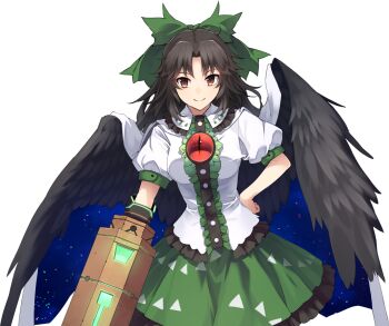 1girl arm_cannon black_wings bow breasts brown_hair cape center_frills closed_mouth collared_shirt control_rod_(touhou) eho_(icbm) feathered_wings frilled_shirt_collar frilled_skirt frills game_cg green_bow green_skirt hair_bow hand_on_own_hip labyrinth_of_touhou_(series) labyrinth_of_touhou_tri long_hair looking_at_viewer medium_breasts non-web_source official_art puffy_short_sleeves puffy_sleeves red_eyes reiuji_utsuho shirt short_sleeves skirt smile solo third_eye third_eye_on_chest touhou transparent_background two-sided_cape two-sided_fabric weapon white_cape white_shirt wings