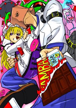 Rule 34 | bag, bag on head, black umbrella, blonde hair, blue eyes, blue pants, candy, carrying, chocolate, chocolate bar, colored skin, crossover, dom1no, donut, eating, faust (guilty gear), food, frilled skirt, frills, glowing, glowing eye, guilty gear, hat, hat ribbon, holding, holding chocolate, holding food, incoming food, long hair, looking at viewer, looking down, magaki (kof), marvel, midair, mob cap, multiple crossover, one-eyed, pants, paper bag, pink background, pink skin, princess carry, purple eyes, purple tabard, ribbon, shuma gorath, skirt, smile, tabard, the king of fighters, touhou, umbrella, yakumo yukari