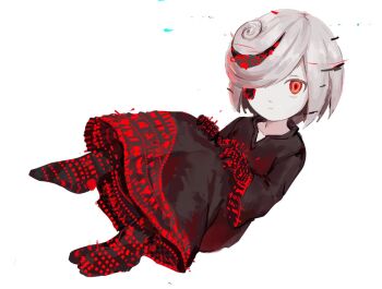 1girl 2022 20s artificial_intelligence barefoot black_dress black_gloves black_hair black_socks child closed_mouth collarbone commentary dress english_commentary flying full_body glitch gloves grey_hair hair_between_eyes hair_over_one_eye hands_up himuhino long_sleeves looking_at_viewer multicolored_hair no_shoes pale_skin red_eyes red_hair sage_(sonic) short_hair simple_background socks solo sonic_(series) sonic_frontiers toes white_background wide_sleeves