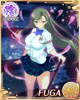 aura blue_bow blue_bowtie blue_eyes border bow bowtie breasts card_(medium) character_name closed_mouth clothes_lift english_text fuga_(senran_kagura) game_cg green_hair green_skirt holding holding_instrument instrument large_breasts long_hair long_sleeves looking_at_viewer mole mole_under_eye navel night official_alternate_costume official_art parted_bangs plaid_clothes plaid_skirt planted sakigei_municipal_academy_school_uniform school_uniform senran_kagura senran_kagura_new_wave shamisen shirt shirt_lift skirt smile treble_clef white_shirt wind wind_lift