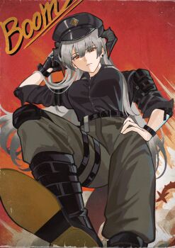 1girl amo20839453 arknights arm_up armor belt black_belt black_boots black_gloves black_hat black_horns black_shirt boots buttons chinese_commentary closed_mouth commentary_request earrings explosion foot_out_of_frame gloves green_pants grey_hair hand_on_own_hip hat highres horns jewelry knee_boots knee_pads long_hair looking_at_viewer multiple_thigh_straps official_alternate_costume orange_eyes pants peaked_cap saria_(arknights) saria_(the_law)_(arknights) shirt shoe_soles shoulder_pads single_glove sleeves_pushed_up solo sound_effects