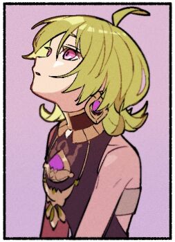 1girl ahoge bare_arms black_dress border collei_(genshin_impact) dress earrings genshin_impact green_hair jewelry necklace nploser parted_lips portrait purple_background purple_eyes simple_background sleeveless sleeveless_dress solo upper_body white_border