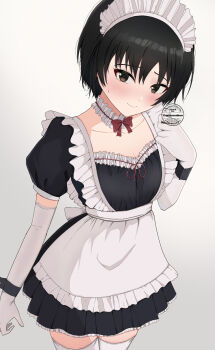 Rule 34 | 1girl, alternate costume, amagami, apron, black dress, black eyes, black hair, black wrist cuffs, blush, bob cut, breasts, cleavage, closed mouth, collarbone, commentary, cowboy shot, dress, elbow gloves, enmaided, frilled apron, frilled dress, frills, gloves, gradient background, grey background, hand up, highres, looking at viewer, maid, maid apron, maid headdress, marurenkon, nanasaki ai, puffy sleeves, short hair, short sleeves, solo, thighhighs, twitter username, watermark, white apron, white gloves, white headdress, white thighhighs, wrist cuffs, zettai ryouiki