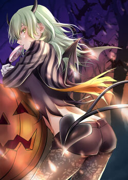 1girl alternate_costume ass bat_(animal) black_horns black_shorts breasts brown_pantyhose butt_crack candy commentary_request cosplay demon_girl demon_horns demon_tail demon_wings fake_horns fake_tail fake_wings female_byleth_(awakened)_(fire_emblem) female_byleth_(fire_emblem) fire_emblem fire_emblem:_three_houses fire_emblem_heroes food from_behind green_eyes grey_hair halloween halloween_costume highres horns kazu20200224 lollipop long_hair long_sleeves looking_at_viewer male_byleth_(fire_emblem) male_byleth_(fire_emblem)_(cosplay) male_byleth_(halloween)_(fire_emblem) medium_breasts midriff mouth_hold nintendo official_alternate_hair_color pantyhose pantyhose_under_shorts profile pumpkin self_cosplay shorts solo tail wings