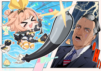 Rule 34 | > <, 1girl, :d, absurdres, american flag, american flag print, azur lane, black gloves, black jacket, black sailor collar, black skirt, breasts, brown hair, chibi, collared shirt, commentary request, flag print, formal clothes, franklin d. roosevelt, gloves, grey hair, highres, huang (pixiv3580877), jacket, manjuu (azur lane), miniskirt, multicolored thighhighs, neckerchief, necktie, open mouth, orange thighhighs, pleated skirt, rubber duck, sailor collar, shirt, short hair, skirt, smile, striped clothes, striped thighhighs, suit, sweatdrop, thighhighs, torpedo, two-tone thighhighs, white shirt, white thighhighs, william d. porter (azur lane), xd, yellow neckerchief
