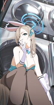 1girl absurdres animal_ear_hairband animal_ears asuna_(blue_archive) asuna_(bunny)_(blue_archive) bare_shoulders blonde_hair blue_archive blue_bow blue_bowtie blue_eyes blue_halo blue_leotard bow bowtie breasts cleavage commentary_request detached_collar dunggeul_dunggeul fake_animal_ears gloves grin hair_over_one_eye hairband halo highres large_breasts laundromat leotard long_hair looking_at_viewer multiple_moles pantyhose rabbit_ear_hairband rabbit_ears sitting smile solo thighband_pantyhose very_long_hair white_gloves