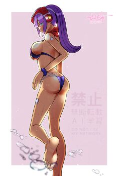 1girl ass bikini black_bikini border breasts butt_crack from_behind green_eyes high_ponytail highleg highleg_bikini highres large_breasts layer_(mega_man) long_hair mega_man_(series) mega_man_x_(series) pink_background ponytail purple_hair rikka_(user_hruv2435) robot_girl signature simple_background solo swimsuit twitter_username undersized_breast_cup water_drop watermark white_border
