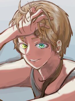 Rule 34 | 1boy, aoringo3873, brown hair, close-up, green eyes, hand on own head, heterochromia, highres, looking at viewer, mole, mole under eye, mushoku tensei, ponytail, rudeus greyrat, smile, white background
