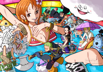 2025 2girls 6+boys afro alternate_color apple7apo axe bikini black_hair breasts brook_(one_piece) cleavage cyborg dressrosa egghead_island elbaf elephant franky_(one_piece) giant giantess highres holding holding_weapon island jinbe_(one_piece) large_breasts long_hair monkey_d._luffy multiple_boys multiple_girls nami_(one_piece) nami_(one_piece)_(return_to_sabaody) nico_robin nico_robin_(onigashima) official_alternate_costume one_piece orange_hair partially_submerged roronoa_zoro roronoa_zoro_(egghead) sanji_(one_piece) sea_king_(one_piece) size_difference skeleton swimsuit sword thousand_sunny tony_tony_chopper umbrella usopp wanokuni watermark weapon white_hair whole_cake_island zeus_(one_piece) zunesha
