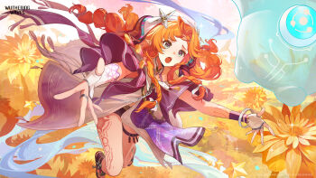 1girl 3d absurdres aqua_eyes body_markings braid braided_sidelocks character_name commentary english_commentary gloves highres jacket logo long_hair multicolored_jacket official_art open_mouth orange_hair pointy_ears purple_jacket purple_shorts shorts sidelocks sigrika_(wuthering_waves) soliskin_(wuthering_waves) solo tacet_discord_(wuthering_waves) two-tone_jacket veil white_gloves white_jacket white_veil wuthering_waves