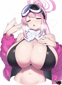1girl bare_shoulders bikini black_bikini blue_archive breasts cleavage closed_eyes commentary eimi_(blue_archive) eimi_(swimsuit)_(blue_archive) fanning_self goggles goggles_on_head halo hand_on_own_chest highres huge_breasts jacket long_hair mewmaster93 navel open_clothes open_jacket open_mouth pink_hair pink_halo pink_jacket ponytail scarf solo sweat swimsuit white_scarf