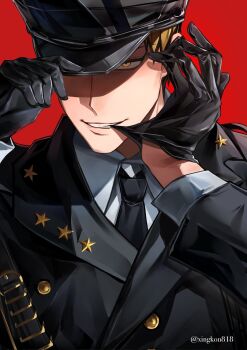 1boy adjusting_clothes adjusting_headwear alternate_costume black_gloves black_hair blonde_hair colored_tips gloves highres jujutsu_kaisen looking_at_viewer male_focus multicolored_hair red_background short_hair simple_background solo streaked_hair teeth twitter_username two-tone_hair upper_body xingkon818 yellow_eyes zen&#039;in_naoya