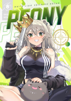 1girl ahoge alternate_eye_color animal_ear_piercing animal_ears artbook bare_shoulders black_jacket black_nails black_pantyhose black_shirt breasts comiket_101 commentary_request cover cover_page creature_on_lap crop_top crown desert_eagle double-parted_bangs english_text fingernails fur-trimmed_jacket fur_trim gold_necklace green_eyes grey_hair grey_skirt grin gun hair_between_eyes handgun highres holding holding_gun holding_weapon hololive jacket jacket_partially_removed jewelry large_breasts lion_ears long_hair long_sidelocks long_sleeves looking_at_viewer messy_hair minatasiro miniskirt nail_polish necklace off_shoulder pantyhose see-through_cleavage see-through_clothes sharp_fingernails shiny_skin shirt shishiro_botan shishiro_botan_(1st_costume) sidelocks single_leg_pantyhose skirt sleeveless sleeveless_shirt smile solo ssrb_(shishiro_botan) tight_clothes tilted_headwear trigger_discipline two_side_up v-shaped_eyebrows virtual_youtuber weapon